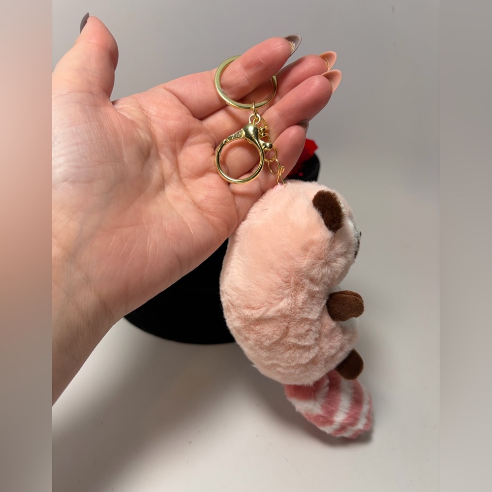 Plush Raccoon Bag Charm Keychain – Pink Faux Fur Tail Cute - Picture 6 of 6